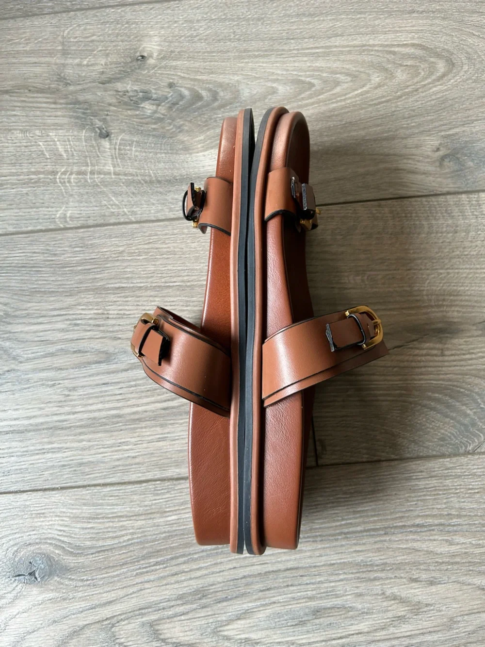 Zara Brown Double Strap Sandals / Slides with Gold Buckles Size 41 - Picture 4 of 8